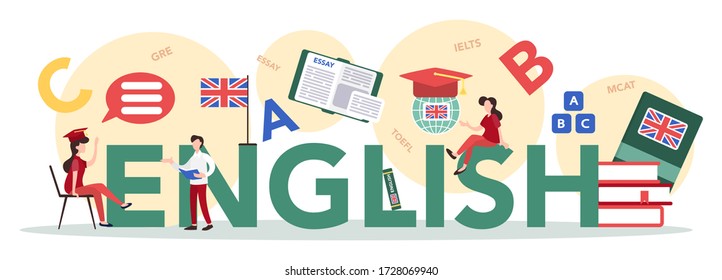 English course typographic header concept. Study foreign languages in school or university. Idea of global communication. Studying foreign vocabulary. Flat vector illustration