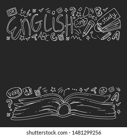 English courses. Doodle vector concept illustration of learning english language.