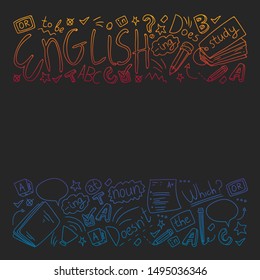 English courses. Doodle vector concept illustration of learning english language.