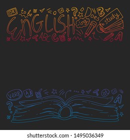 English courses. Doodle vector concept illustration of learning english language.