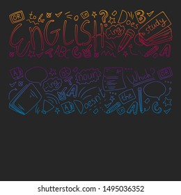 English courses. Doodle vector concept illustration of learning english language.