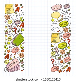 English courses. Doodle vector concept illustration of learning english language.