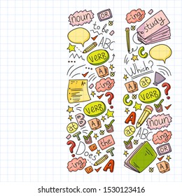 English courses. Doodle vector concept illustration of learning english language.