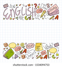 English courses. Doodle vector concept illustration of learning english language.