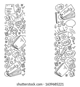 English courses. Doodle vector concept illustration of learning english language.
