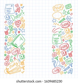 English courses. Doodle vector concept illustration of learning english language.