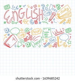 English courses. Doodle vector concept illustration of learning english language.
