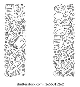 English courses. Doodle vector concept illustration of learning english language.