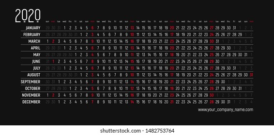 English creative calendar 2020 - linear simple design, creative horizontal grid with selected sundays. Black background and white numbers, red holidays - mondays. Editable template.