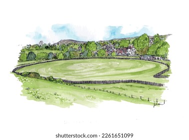 English cricket green, village, rural landscape illustration sketch. Watercolor vector.