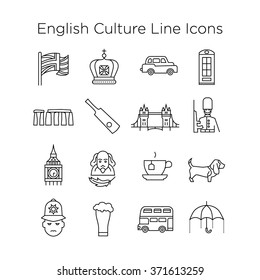 Iconos de cultura inglesa, signos culturales de Gran Bretaña, tradiciones del Reino Unido, vida inglesa, objetos nacionales de Inglaterra, iconos de línea británicos, iconos de cola, iconos de cola, iconos de línea cultural del Reino Unido