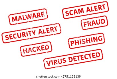 English Cybersecurity Warning Stamps Set - Malware Scam Fraud Phishing Hacked Virus Detected Rubber Stamp Effects