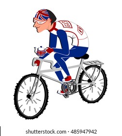 english cyclist with kettle for tea.character design.sport illustration