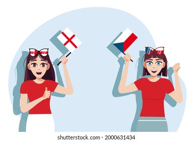 English and Czech flags. Background for the inscription with flags. The concept of the competition between England and Czech Republic. Feelings and emotions of female cheerleaders.