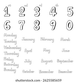 English Date Day and Month Hand Drawn Outline set that you can use as an illustration, kids colouring book, create outline background, banner or etc.