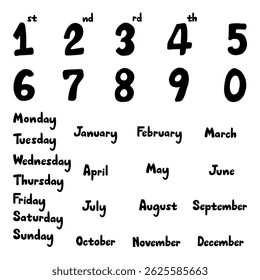 English Date Day and Month Hand Drawn Black Color set that you can use as an illustration, kids colouring book, create outline background, banner or etc.
