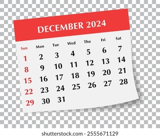 ENGLISH december 2024 calendar. Vector illustration on transparent background - Powered by Shutterstock - Get 15% off with code: PIKWIZARD15