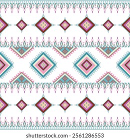 English: A decorative pattern with diamond shapes and intricate details in teal, maroon, and white tones, resembling traditional textiles.

