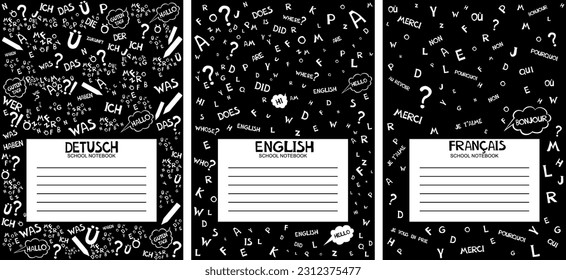 English. Deutsch. Translation: "German".  Francais. Translate: "French". School notebook cover template set. Cute notepad workbook design with school subject headers. Stationery print. Vector