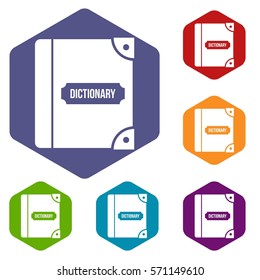 English dictionary icons set rhombus in different colors isolated on white background