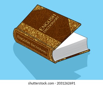 English Dictionary Ornate Leather Cover Book Vector Drawing With Front Cover Opening Created To Symbolise Education And Knowledge According To Traditional Ways Prior To Smart Phones And Tablets.