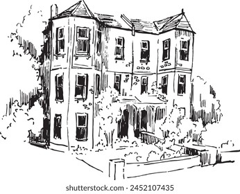 English Edwardian house front sketch. Architecture ink drawing. House and building black and white illustration.