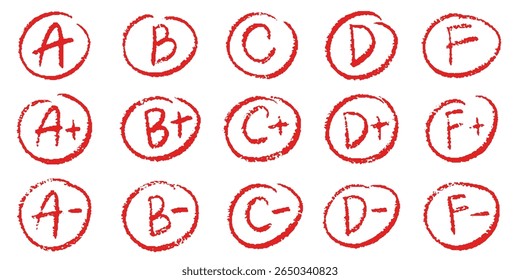 English exam grade mark set. Crayon A, B, C, D, F for examination. Circle grade score symbol. School teacher test. Vector handwritten scribble red marker academic symbols on white background