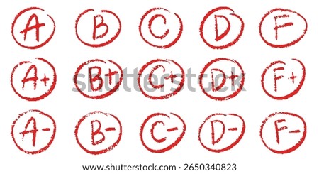 English exam grade mark set. Crayon A, B, C, D, F for examination. Circle grade score symbol. School teacher test. Vector handwritten scribble red marker academic symbols on white background