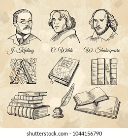 English famous writers and different books. Face of english writer shakespeare and wilde. Vector illustration