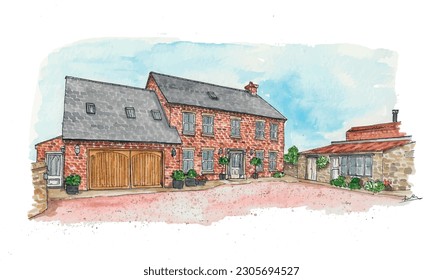 English farm house. Red brickhouse. Double-fronted. Outbuildings. Garages. Country property. Watercolor illustration. Isolated vector.