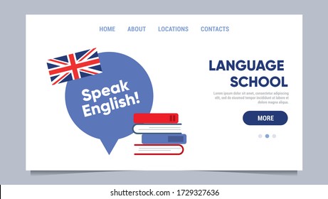 English flag and books for studing. Education concept. Template for website, landing page of language school. Flat vector illustration.