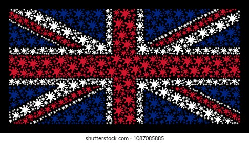 English Flag collage composed of blot elements on a dark background. Vector blot pictograms are united into geometric UK flag collage.