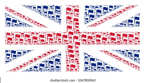 English Flag collage done of waving flag icons. Vector waving flag design elements are combined into geometric UK flag collage.
