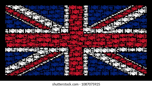 English Flag concept designed of handshake design elements on a dark background. Vector handshake design elements are composed into conceptual United Kingdom flag pattern.