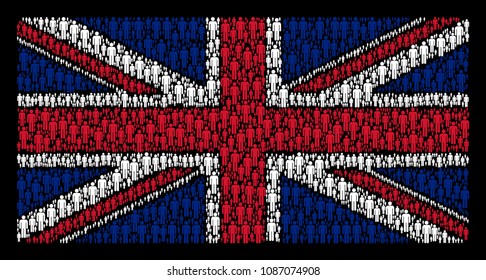 English Flag concept done of man user icons on a dark background. Vector man user elements are composed into mosaic United Kingdom flag composition.