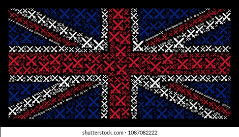 English Flag pattern composed of crossing swords icons on a dark background. Vector crossing swords elements are formed into mosaic Great Britain flag composition.
