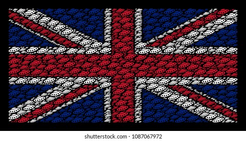 English Flag pattern created of UFO icons on a dark background. Vector UFO items are composed into geometric United Kingdom flag pattern.