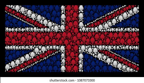 English Flag pattern organized of opium poppy elements on a dark background. Vector opium poppy icons are formed into geometric British flag pattern.