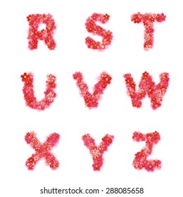English floral alphabet. Bright font, letters, flowers. Vector illustration
