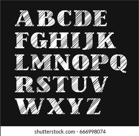 English font, diagonal hatch, white, black background, vector. English alphabet, capital letters with serifs. 