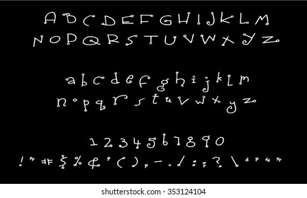 English font set. Alphabet, numbers and symbols on blackboard. Font type.