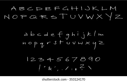 English font set. Alphabet, numbers and symbols on blackboard. Font type.