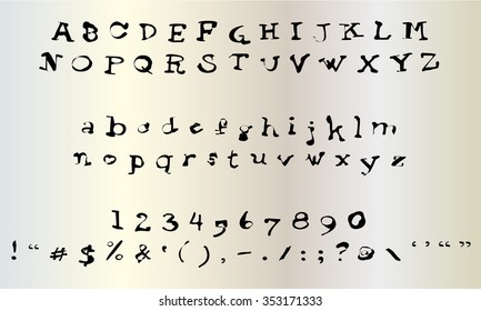 English font set. Alphabet, numbers and symbols. Font type.