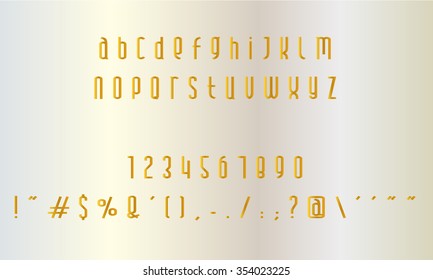 English font set. Alphabet, numbers and symbols. Golden font type.