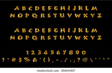 English font set. Alphabet, numbers and symbols on black background. Golden font type on blackboard.