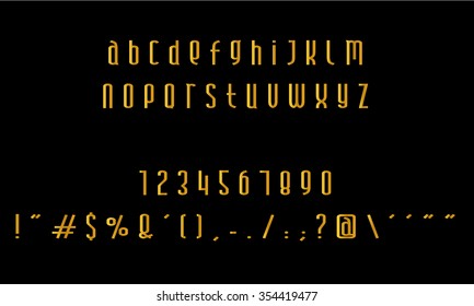 English font set. Alphabet, numbers and symbols on black background. Golden font type on blackboard.