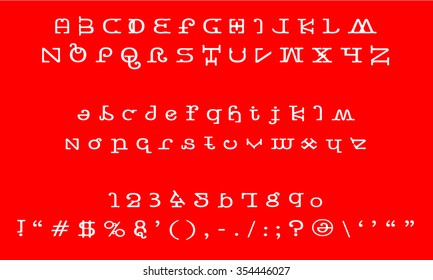 English font set. Alphabet, numbers and symbols on red background. Font type.