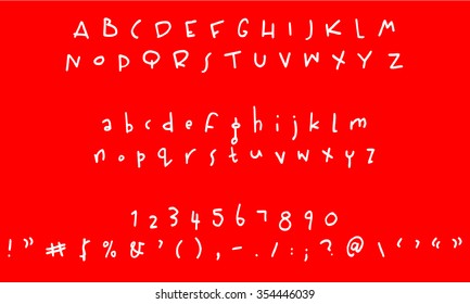 English font set. Alphabet, numbers and symbols on red background. Font type.