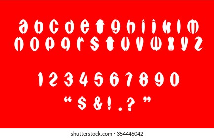 English font set. Alphabet, numbers and symbols on red background. Font type.