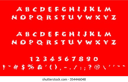 English font set. Alphabet, numbers and symbols on red background. Font type.